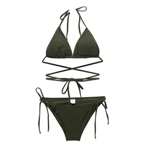 Bikini sexy three-point army green steel sexy close art test ins small breasts gather personality straps swimsuit women