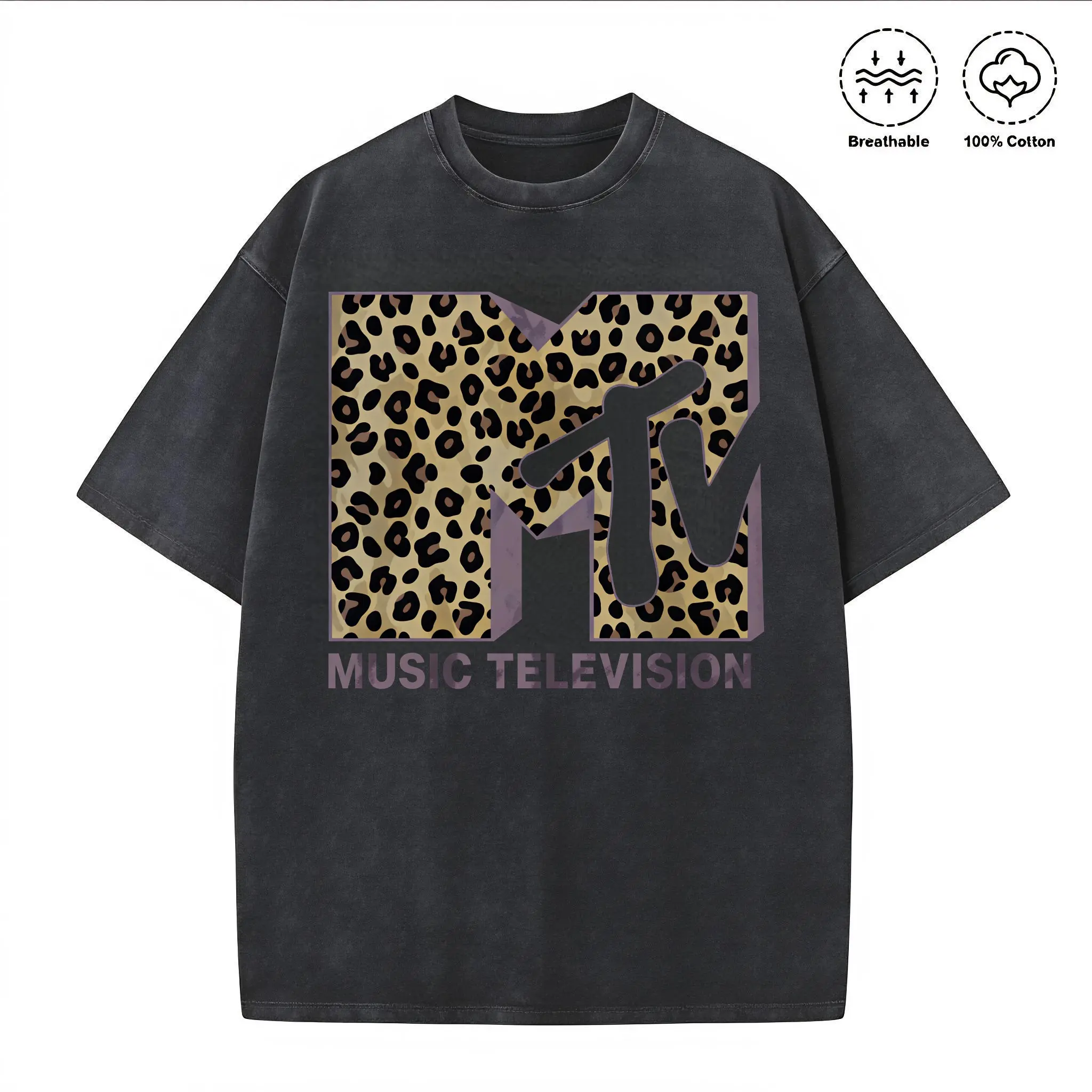 Washed T-shirt 230g 100% Cotton Womens  MTV Classic Leopard Print Bold Logo Shirt, Logo Tee, Retro 80s 90s Style Tee