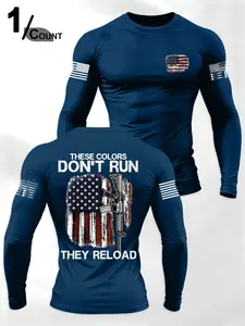 American Vintage Flag Print Long Sleeve T-Shirt, Men's Casual Round Neck Top, Ideal for Independence Day, Daily Commute, Gym Training, Casual Sportswear