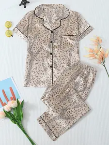 New Silk Leopard Print Set, Comfortable Soft Short Sleeve Top, Long Sleeve Pants High Sleepwear, Casual Fitted All Seasons