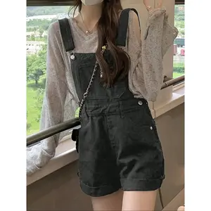 Women's Vintage Denim Strap Shorts Summer Loose Fit Button Fly Overall, Casual Fashionable Clothing for Women Daily Wear