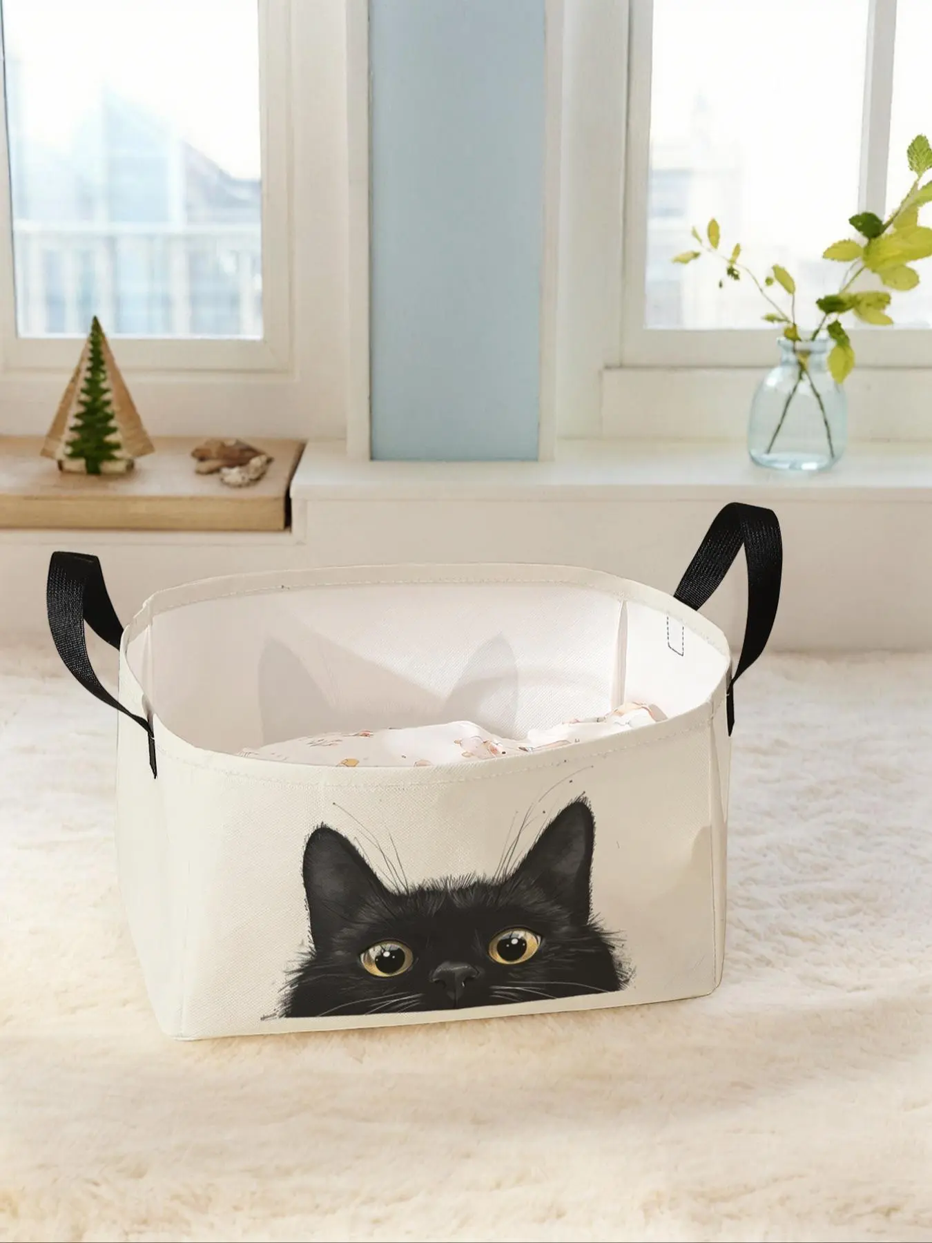 Cat Pattern Storage Basket with Handle, Baskets for organizing, Multi-functional Storage Basket, Foldable Clothes Storage Basket, Home Organizer for Living Room, Bathroom, Kitchen, Collapsible Storage Baskets