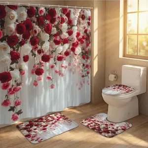 1/4 Bathroom Set, Shower Curtain, Toilet Three-Piece Combo, Waterproof Curtains, Non-Slip Floor Mat, Bathmat, Lid Pad, Foot Pad