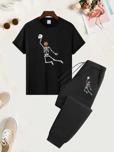 Men's Skeleton Basketball Player Print Tee & Sweatpants Set, Regular Fit Casual Fashion Cozy Breathable Two-piece Outfits for Daily Wear, Men's Clothes for All Seasons, Halloween