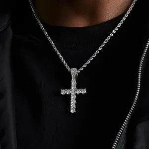 Cross Chain for Men Silver Plated 5A+ Cubic Zirconia Stainless Steel Cuban Link 20 Inch Layered Necklace with Large Diamond Pendant Jewelry Gift