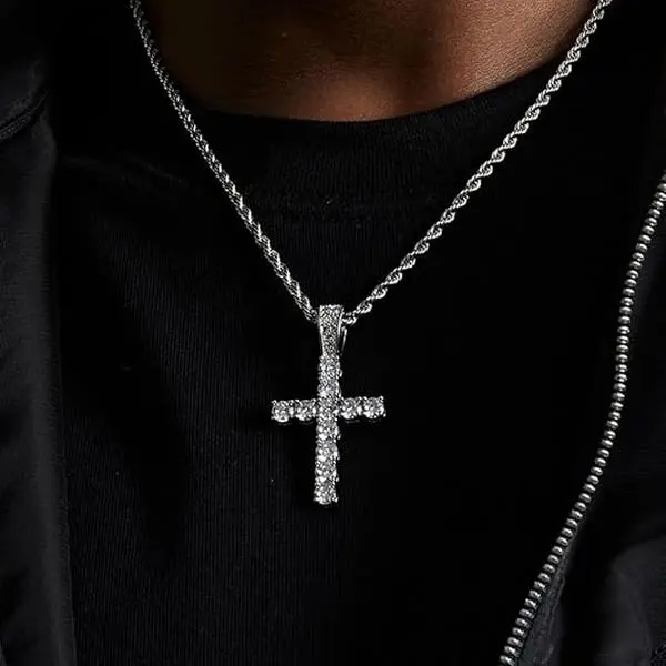 Cross Chain for Men Silver Plated 5A+ Cubic Zirconia Stainless Steel Cuban Link 20 Inch Layered Necklace with Large Diamond Pendant Jewelry Gift