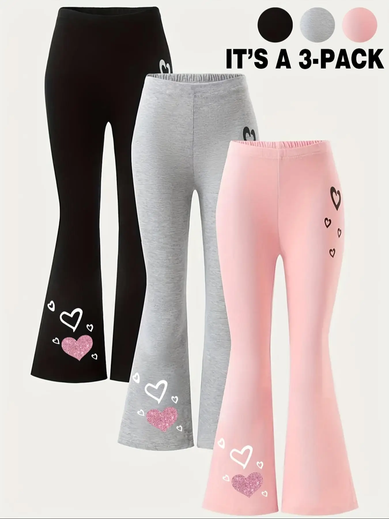 Girl's Heart Print Flare Leg Pants, Casual Comfy Bell Bottom Trousers for Daily Wear, Kids Bottoms for Spring & Fall, Stretch Pants