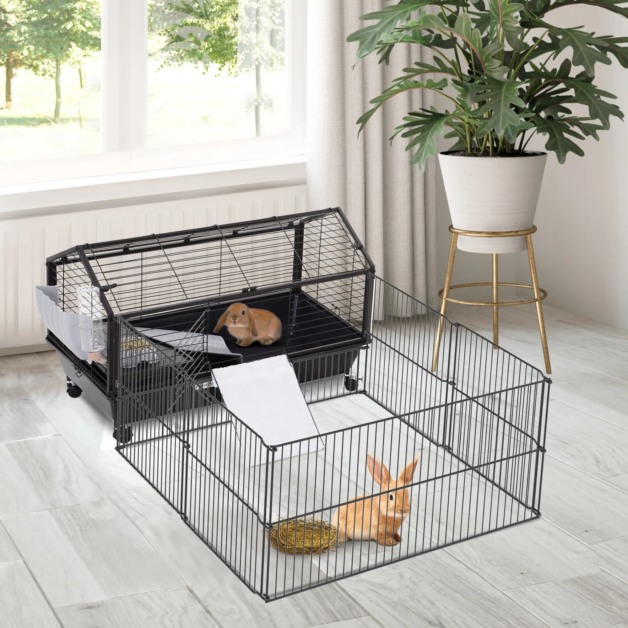 Small Animal Mobile Rolling Metal Hutch Cage - Heavy-Duty Powder-Coated Anti-Rust Steel Frame, Lockable Casters, Main House & Run for Rabbits - Ideal for Backyard Use
