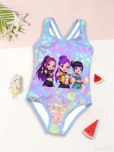 Girls' One-Piece Swimsuit, Rainbow Ice Pattern Cartoon Trio Print, Light Blue Trim, Summer Beach Vacation Swimwear, Kids' Jumpsuit