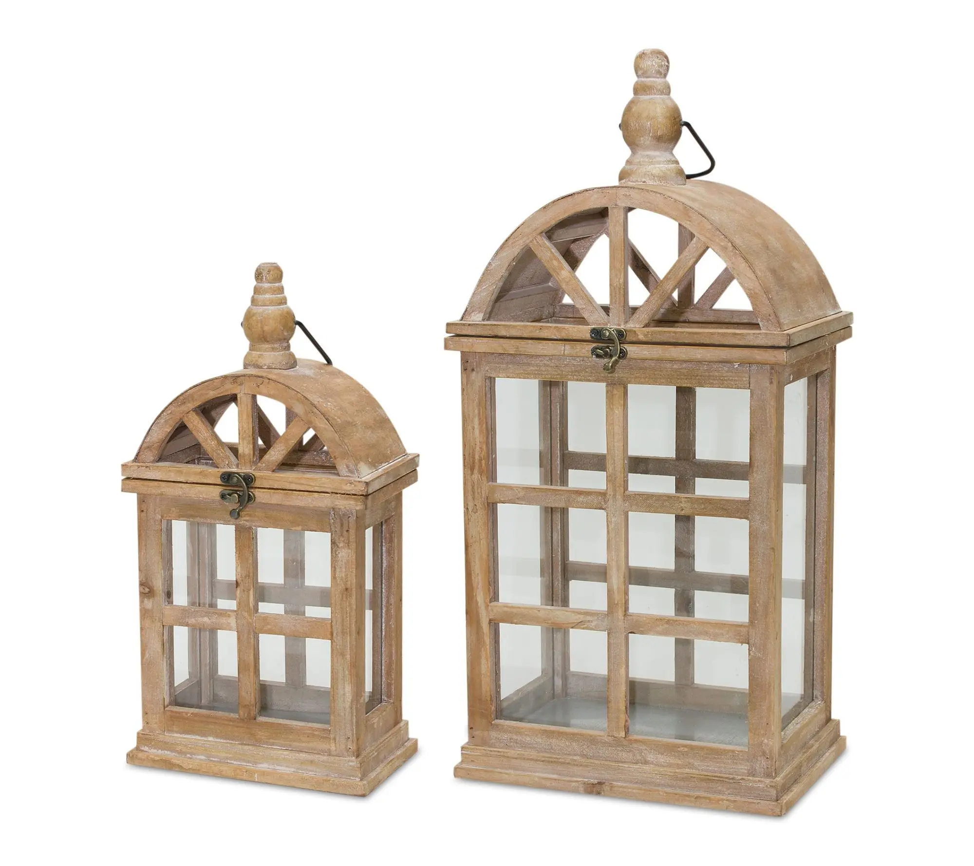HomeRoots Set of 2 Distressed Wood & Glass Floor Lanterns