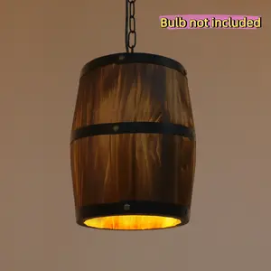 Industrial Vintage Wood Chandelier with Adjustable Chain, 1-Light Wine Barrel Pendant Lamp Rustic Ceiling Light for Kitchen, Bedroom, Bar & Cafe