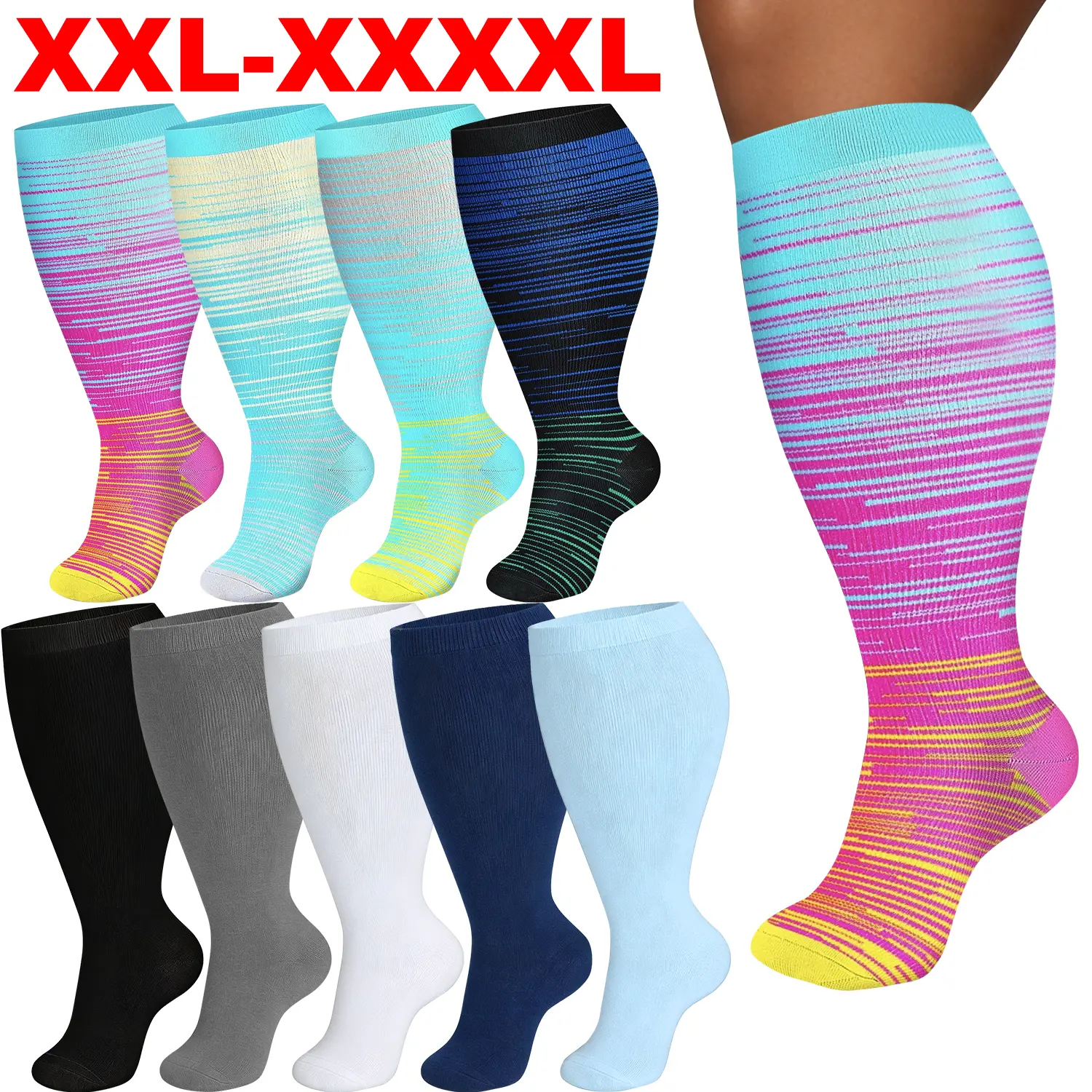 5Pairs Plus Size Compression Socks for Women & Men,20-30 mmHg Wide Calf Knee High,Breathable & Comfortable for Swelling Relief, Leg Fatigue, Work & Everyday, Mother's Day Gifts