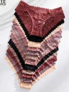 12pcs/Pack Romantic Lace Women's Underwear Sheer Multicolor Briefs Low Rise for Teen Daily Fall/Winter Fantasy-Elegant Style