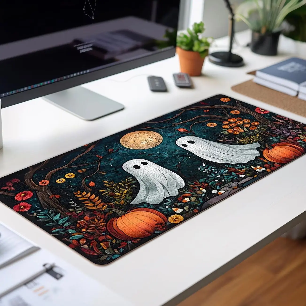 Cute Mosaic Floral Halloween Deskmat, Spooky Halloween Cubicle Decor, Home Office Halloween Decor, Cute Ghost & Pumpkin Mouse Pad