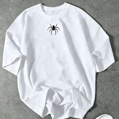 Men's Asymmetrical Spider Printed Menswear T-Shirt - 100% Cotton Soft Pure Cotton Male Clothing, Oversized Round Neck, Short-Sleeve, Breathable Loose-Fit American Streetwear Casual T-Shirts Daily Top