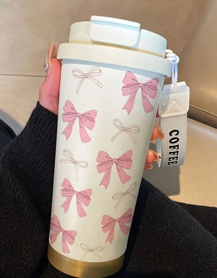 350ml Pink Bow Stainless Steel Insulated Coffee Cup Double Wall Travel Mug Reusable Hot Cold Tumbler Gift