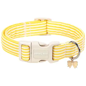 ARING PET Striped Dog Basic Collar - Cute Yellow Stripe Design with Bow Charm for Small to Large Dogs, Ideal for Daily Walks & Outdoor Adventures