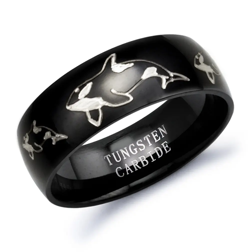 Orca Whale Ring, Tungsten Ring for Men and Women Black Tungsten Ring Comfort Fit Size 5-15 TCR158