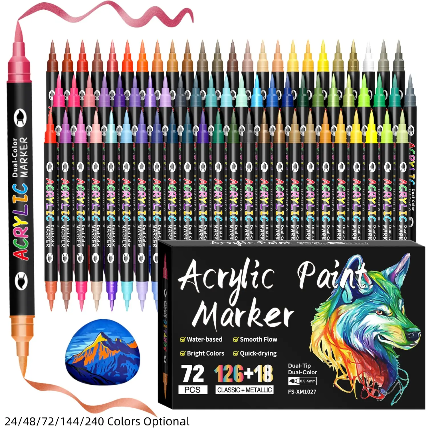Acrylic Paint Markers, Dual tips Dual Color 24/48/72/144/240 Colors,Acrylic Paint Pens for Rock Painting, Canvas, Wood, Glass, Ceramic, Fabric, Plastic, Egg & Scrapbook. Soft Brush Tips Paint Pens and Paint Markers, Art Marker Set, Art Supplies