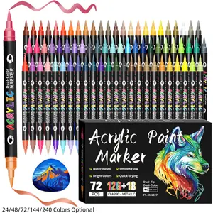 Acrylic Paint Markers, Dual tips Dual Color 24/48/72/144/240 Colors,Acrylic Paint Pens for Rock Painting, Canvas, Wood, Glass, Ceramic, Fabric, Plastic, Egg & Scrapbook. Soft Brush Tips Paint Pens and Paint Markers, Art Marker Set, Art Supplies