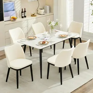 White Dining Chairs Set of 6, Upholstered Velvet Side Chairs with Padded Seat and Wood Legs, Modern Dining Room Chairs for Kitchen, Living Room, Restaurant, or Café