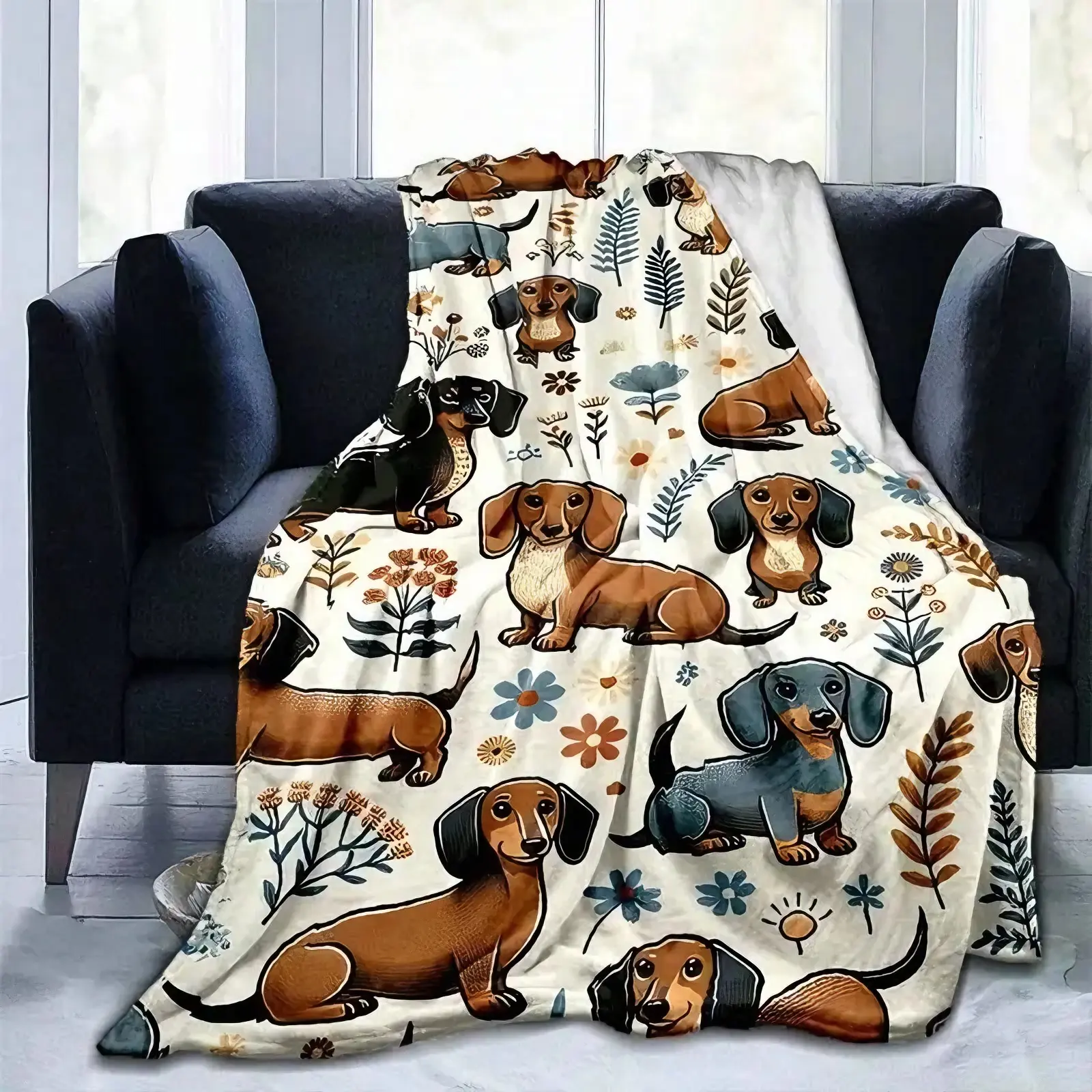 Super Soft Cute Dachshund Prints Flannel Printed 3D Blanket, As Birthday Gifts, Family, Wedding, Souvenir Blankets, Polyester Blankets Suitable For All Seasons, Washable, Machine Washable, Lightweight, Breathable, Comfortable, Warm, Unique summerwins