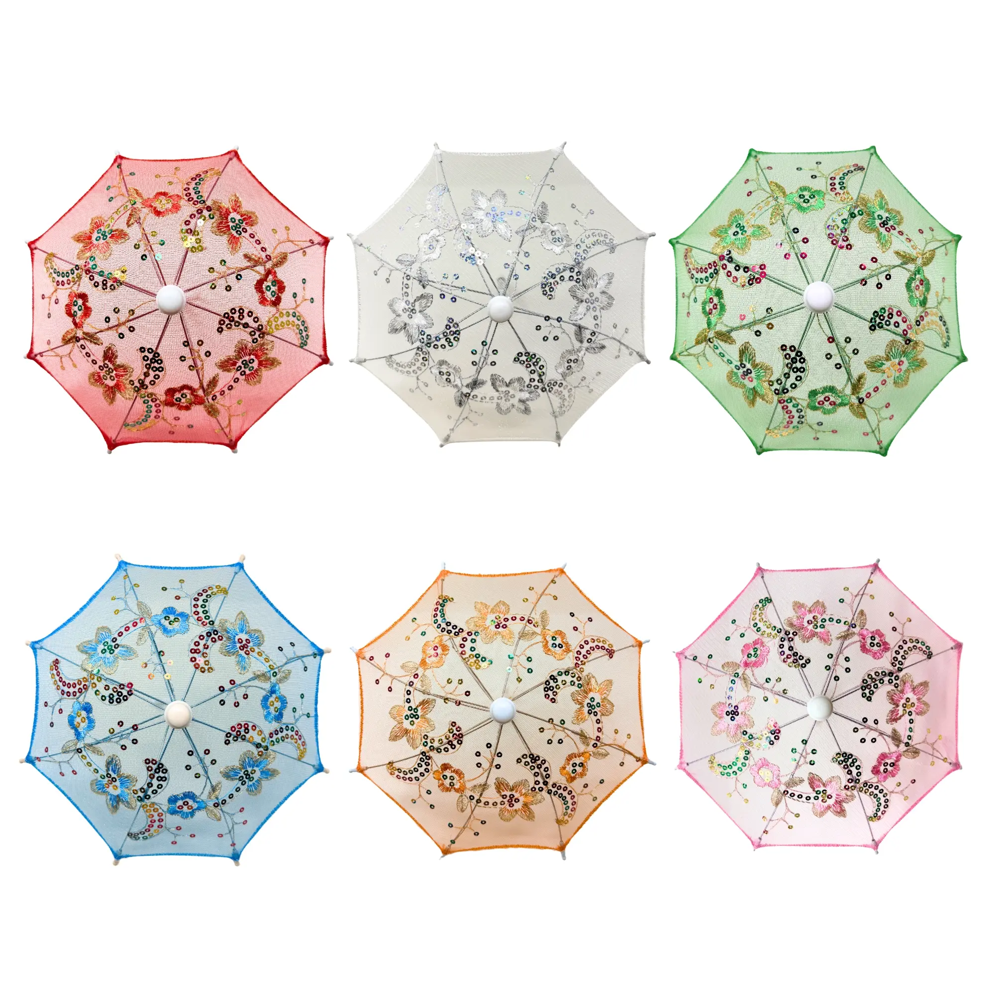 Thy Home Pack of 6 Assorted Colors Handmade Lace Portable Umbrella Style Mini Umbrellas with Sequins - 11.6in Diameter Metal Frame Fruit Prop, Doll-Size Decorative Gift for Weddings, Parties, Umbrella Style Umbrellas