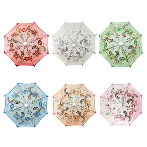 Thy Home Pack of 6 Assorted Colors Handmade Lace Mini Umbrella Parasols with Sequins - 11.6 in Diameter Metal Frame Fruit Prop, Doll-Size Decorative Gift for Weddings, Parties