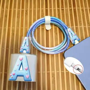 🦋 A-Z Letter Blue Gradient Butterfly iPhone Charger & Cable Protector Set | Anti-Break | Fits iPhone 17-11 Pro Max (Charger & Cable Not Included) Spiral Cable Wrap