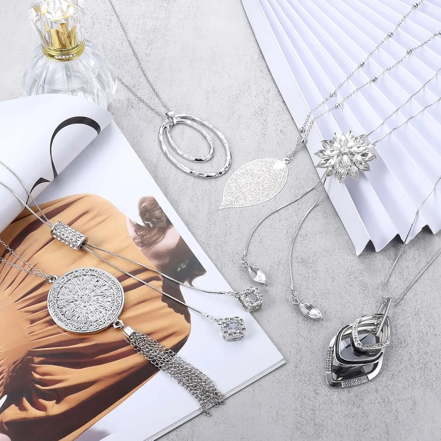 Women's 6pcs Adjustable Premium Alloy Silvery Finish Necklace Set - Silvery Flower, Tassel, Leaf Designs, Sparkly Rhinestones, Crystal Pendants, Nickel & Lead Free, Multiple Styles, 80-85cm, Festive Party Gift