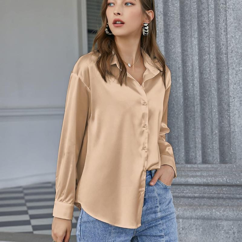Womens Blouse Satin Silk Shirts Button Down Shirts Casual Loose Long Sleeve Office Work Tunic Tops