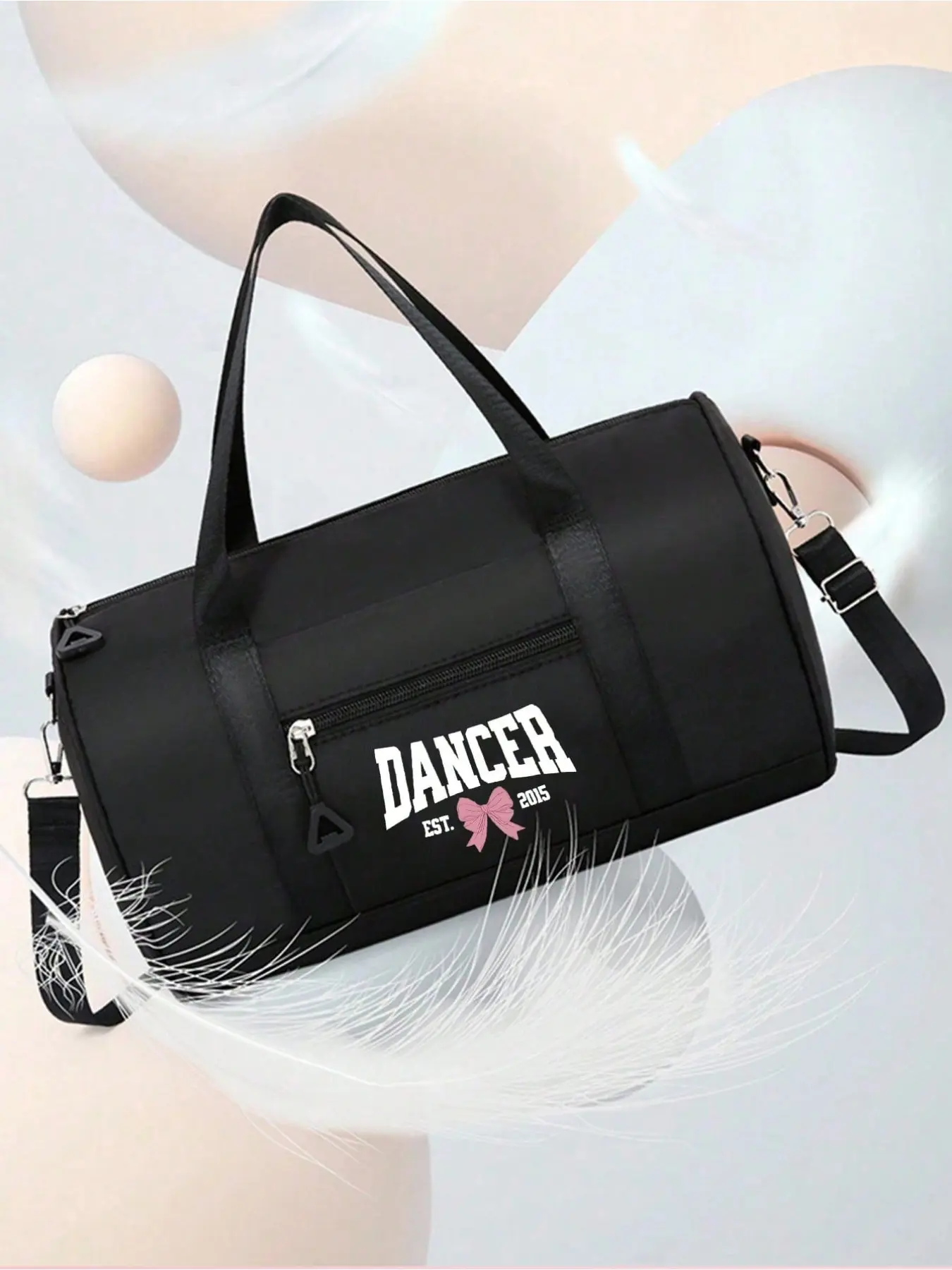 1 Solid Color Cute Ballet Dance Tote Bag, Waterproof Fitness Travel Luggage Bag Suitable for Girls, Printed with Pink Bow Pattern "DANCER", Large Capacity Lightweight Overnight Weekend Pajama Bag, Can Hold Ballet Shoes, Tap Shoes and Sports Equipment,
