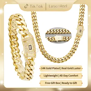 [Mother's Day  Gifts】Technology anti-rust new 14K Gold-Plated Cuban new anti-rust technology Bracelet & Necklace Set Waterproof Fade-Proof Hypoallergenic 6-14mm Sizes Timeless Shine for Every Look