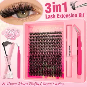280pcs Luxurious Large Volume False Eyelash Extensions - 0.07mm D Curl, Reusable Self-Application Lashes with 8-12mm & 13-16mm Lengths, Doll/Eye/Cluster Styles for Natural Volume - DIY Easy to Use for Parties, Daily Wear, Role Play