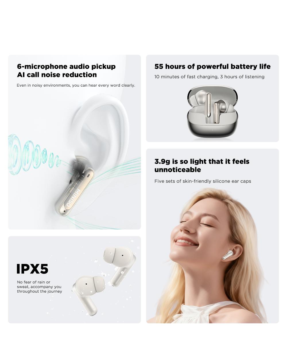 【Buy 1 Get 1 Gift Free】MINISO X30 OWS Open Ear Bluetooth Earbuds, MS106 Wireless Earbuds Bluetooth 6.0 Earphones, In Ear Earbuds, HIFI Sound Quality IPX5 Waterprooof 35Hours Play time Wireless Headphones Touch Control Built-in Mic Hearphones