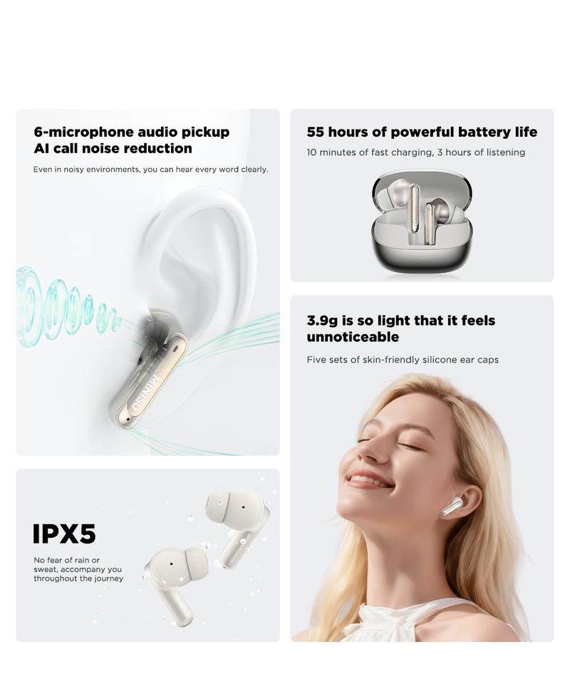 【Buy 1 Get 1 Gift Free】MINISO X30 OWS Open Ear Bluetooth Earbuds, MS106 Wireless Earbuds Bluetooth 6.0 Earphones, In Ear Earbuds, HIFI Sound Quality IPX5 Waterprooof 35Hours Play time Wireless Headphones Touch Control Built-in Mic Hearphones