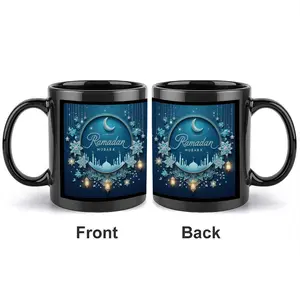 11oz "Ramadan Mubarak" Islamic Coffee Mug, Black Ceramic Double-Sided Printed Cup, Blue Moon & Mosque Lantern Design, Perfect Ramadan, Eid al-Fitr, Eid al-Adha & Gift for Muslim Friends, Family, Islamic Enthusiasts, Ceramic Drinkware