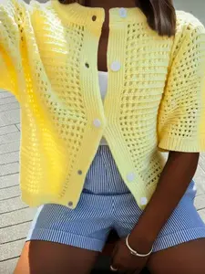 Summer Hollow Out Ice Silk Button Short Sleeve Cardigan, Fashion Elegant Beach Vacation Casual Loose Knit Top for Women