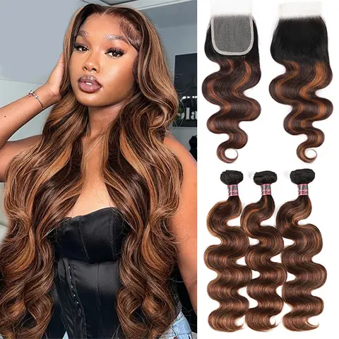 Uwigs Women's 12-30 In Hair Bundles, Highlight Body Wave Human Hair Weave Extensions with 4×4 Closure, 12 Inches-30 Inches