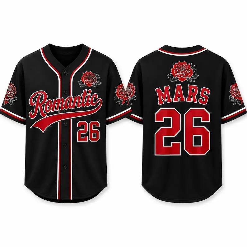 Romantic Red Rose Concert Baseball Jersey, Custom Name Number Music Fan Button-Down Shirt, Festival Outfit