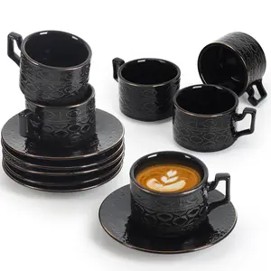 Ceramic Espresso Cups with Saucers, Small 3.2 oz Porcelain Demitasse Cups Set of 6, Stackable Cappuccino Coffee Mugs for Latte, Cocoa, Mocha, Tea, Housewarming Wedding Present, Dishwasher Safe (Black)