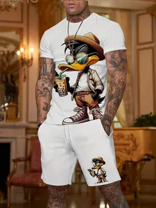 Men's Y2K Style 3D Duck Print Sports Set, Casual Short Sleeve Top and Shorts, Perfect Gift for Men, Daily Outdoor Wear