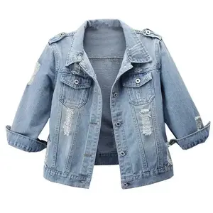 Women’s 3/4 Sleeve Washed Distressed Light Cropped Denim Jean Jacket Casual Coat Womenswear TikTokShopBlackFriday