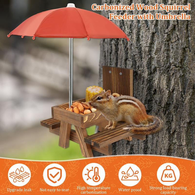 Wood Squirrel Feeder with Umbrella Sturdy Carbonized Wood Squrrill Feeder Table Squirrel Feeders with Corn Cob Holder Wooden Squirrel Feeder Table for Outside Chipmunk Feeder for Yard Porch