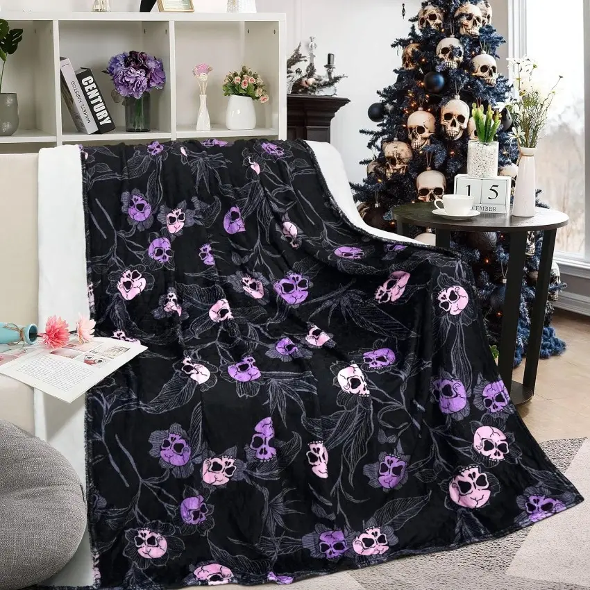Halloween Goth Skull Throw Blanket Gothic Skeleton Blankets Soft Lightweight Cozy Plush Blanket Throws- Halloween Valentine's Day Gifts for Bedroom Bed Sofa