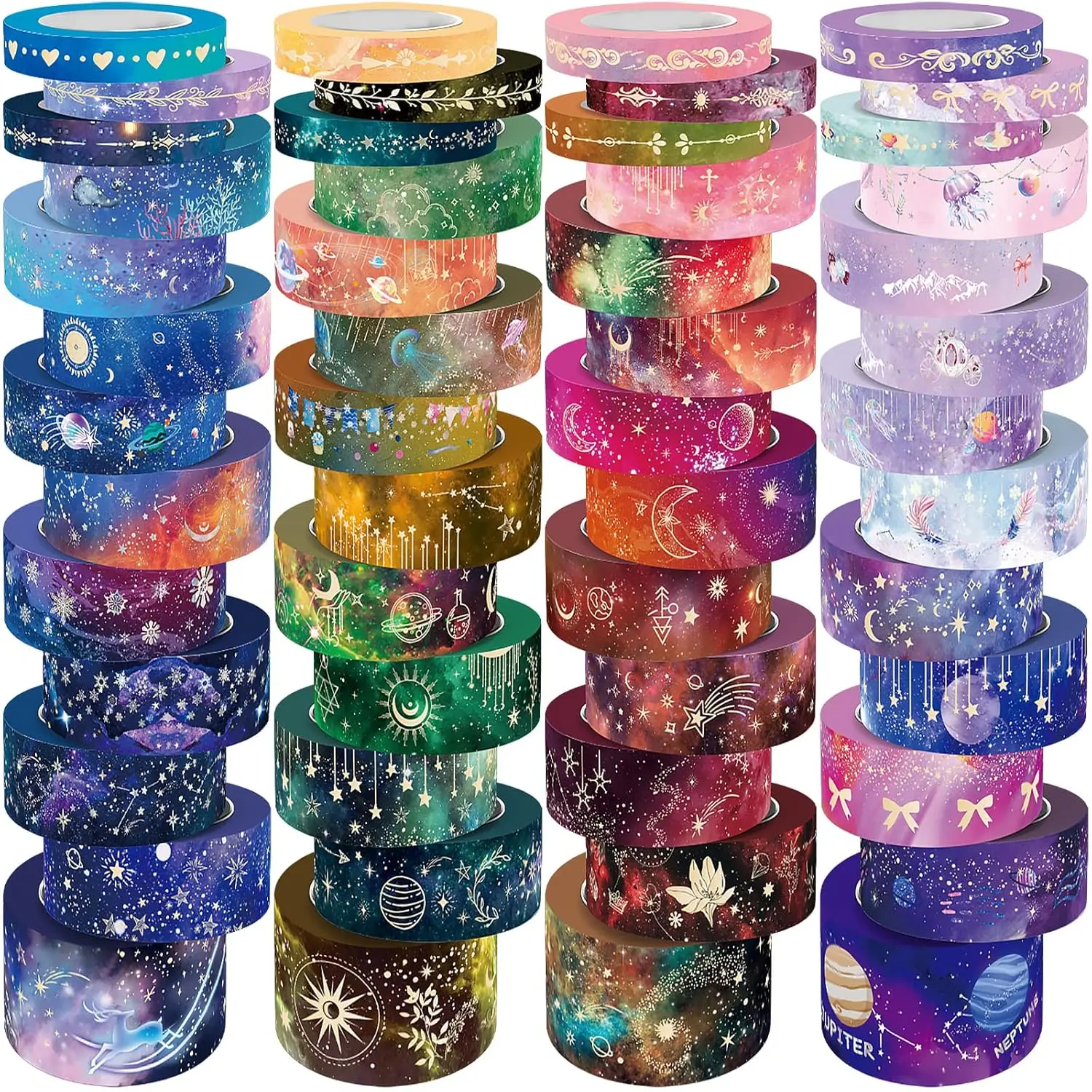52 Rolls Washi Tape Set,  Foil Galaxy Washi Tape for Journaling Supplies, 4 Size Washi Tapes for Scrapbooking, DIY Journal Set, Craft,  Wrapping, Painting