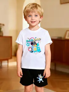 Boy's outfit "Bluey Cool Dad" cartoon cute dog + RAD DAD printed T-shirt + shorts set, trendy and individual, full of retro fashion sense, comfortable and eye-catching for daily casual / animation-themed outfits