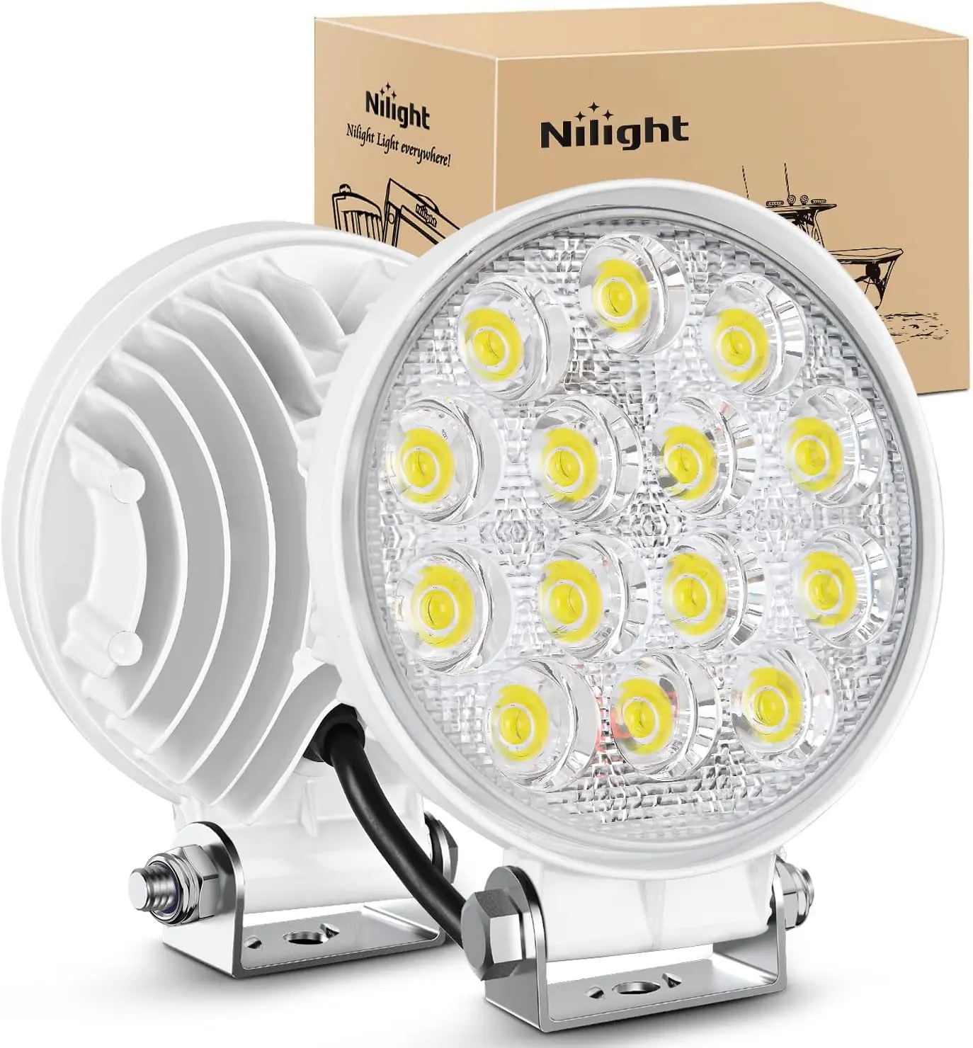 Nilight NI19E Series 2Pcs 4.5In Round Shape 42W Output White Flood Beam LED Pod Lights - Illumination, Waterproof Aluminum Alloy, 180° Adjustable Mount, Shock/Vibration Resistant, 10-30V DC for Boats, Night Fishing, Sailing