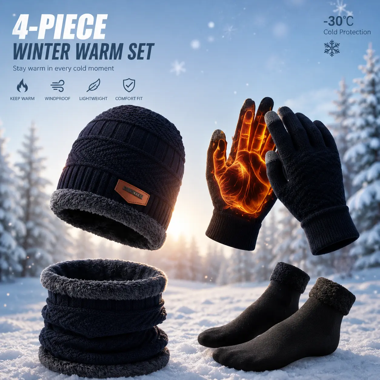 **4-Piece Winter Thermal Set, Fleece-Lined Warm Set with Hat, Neck Gaiter, Gloves & Socks, Windproof Cold-Weather Gear for Cycling, Skiing, Snowboarding & Outdoor Activities