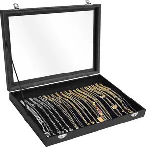 Necklace Organizer Box - 20 Hooks  Tray with Transparent Lid - Display Box for Necklaces, Pendants - Suitable for Women and Girls (Black)
